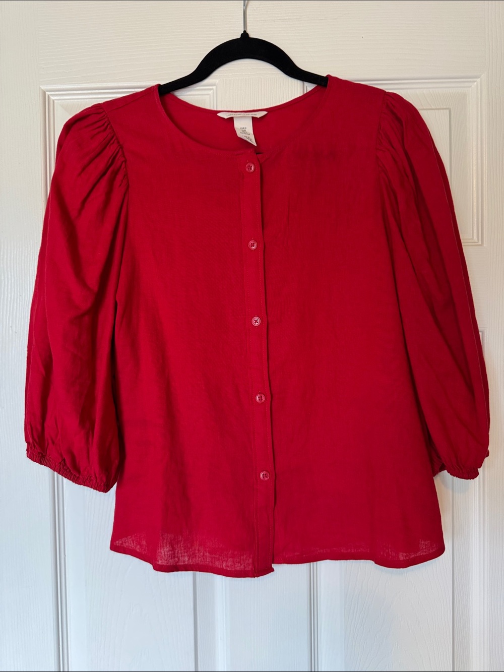 H&M Red Button-Front Puff Sleeve Blouse